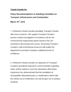 Tab 13   Toyota Canada Inc    Policy Recommendations to Standing Committee on Transport Infrastructure and Communities EN pdf